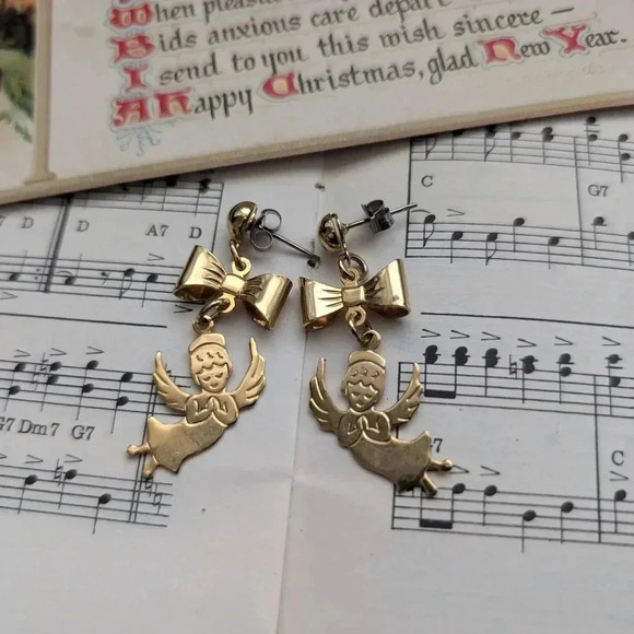 Gold Angel Bow Earrings - Picture 6 of 7